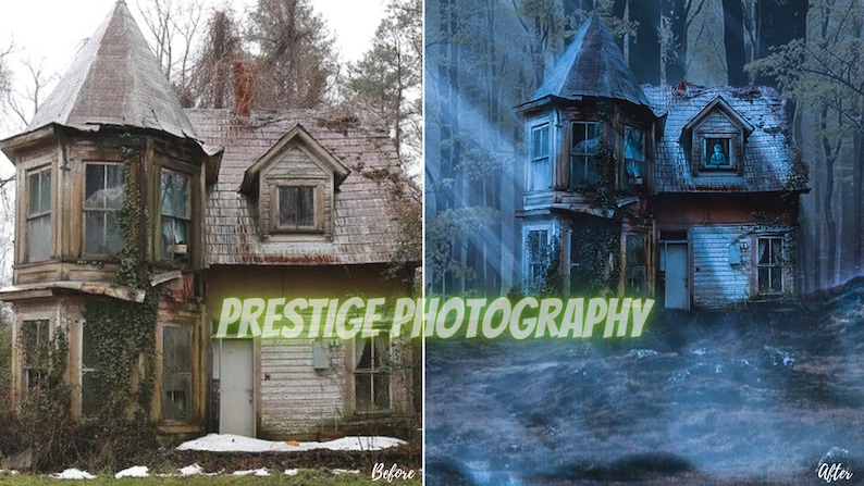 May include: A before and after image of a dilapidated house. The before image shows the house in its current state, with peeling paint, broken windows, and overgrown vines. The after image shows the house transformed into a spooky, haunted house, with fog and light beams emanating from the windows. The text "PRESTIGE PHOTOGRAPHY" is visible in the image.