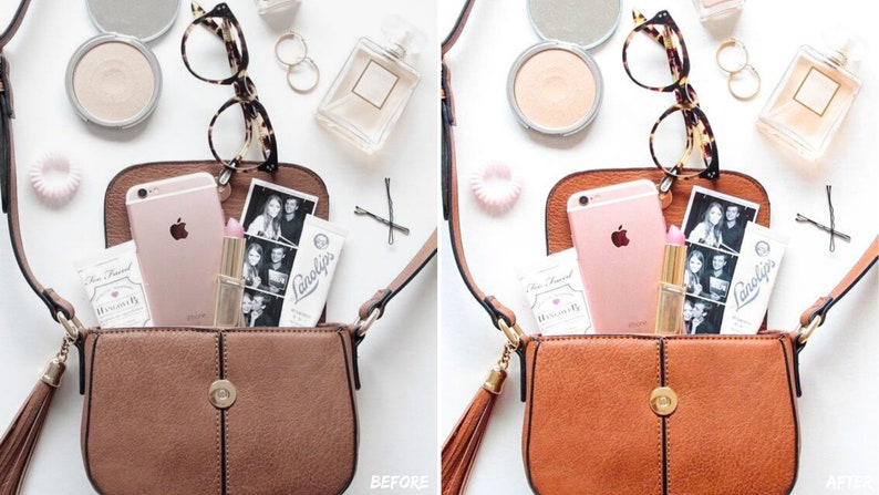 Flat lay product photo featuring a stylish bag surrounded by phone, makeup, printed photos, and glasses, edited with clean and bright Lightroom presets for a professional online shop imagery.