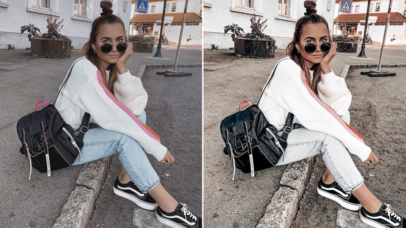 Peut inclure: Une femme portant un pull blanc &agrave; rayures roses et orange, un jean bleu et des baskets noires. Elle porte un sac &agrave; dos noir avec des bretelles blanches. Elle est assise sur un trottoir devant un b&acirc;timent.