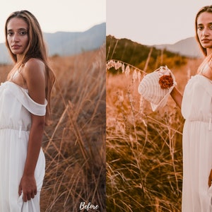 May include: A woman in a white off-the-shoulder dress stands in a field of tall grass, holding a straw hat with a flower on it. The sun is setting in the background, casting a warm glow on the scene.