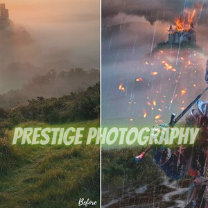 May include: A fantasy scene with a burning castle in the background and a knight in armor standing in the foreground. The knight is holding a sword and is looking towards the castle. The scene is set in a misty forest with rain falling.
