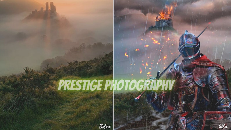 May include: A fantasy scene with a burning castle in the background and a knight in armor standing in the foreground. The knight is holding a sword and is looking towards the castle. The scene is set in a misty forest with rain falling.