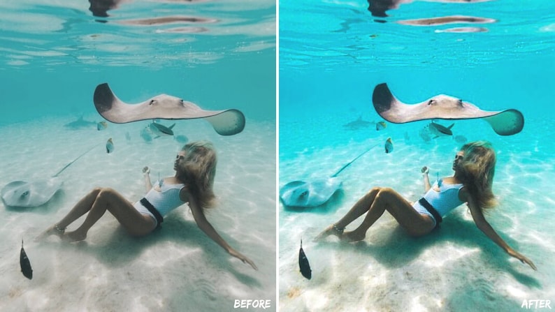 May include: A woman in a white swimsuit swims with stingrays in clear turquoise water. The stingrays are swimming above her, and she is looking up at them. The water is very clear, and the sand is white.