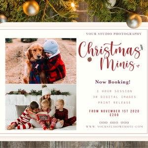May include: A Christmas Minis photography session announcement with two images. The top image shows a child hugging a golden retriever dog. The bottom image shows three children reading a book. The text reads "Your Studio Photography Christmas Minis Now Booking! 1 Hour Session 30 Digital Images Print Release From November 1st 2020 £200 000 000 000 www.yourstudiowebsite.com"