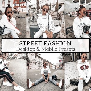 Peut inclure: Un collage de photos mettant en sc&egrave;ne des personnes portant des v&ecirc;tements de rue d&eacute;contract&eacute;s. Les photos sont &eacute;dit&eacute;es avec une esth&eacute;tique vintage et cool. Le texte "STREET FASHION Desktop & Mobile Presets" est affich&eacute; au centre du collage.