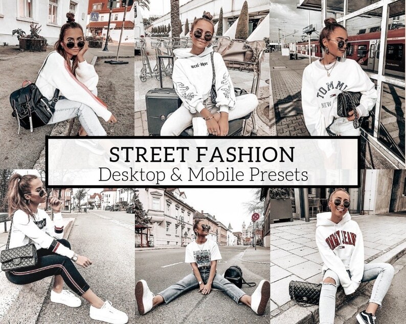 Peut inclure: Un collage de photos mettant en sc&egrave;ne des personnes portant des v&ecirc;tements de rue d&eacute;contract&eacute;s. Les photos sont &eacute;dit&eacute;es avec une esth&eacute;tique vintage et cool. Le texte "STREET FASHION Desktop & Mobile Presets" est affich&eacute; au centre du collage.