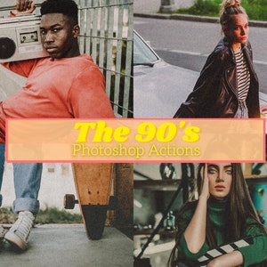 Puede incluir: Un collage de cuatro imágenes con personas con moda de los 90. El texto "The 90's Photoshop Actions" se muestra en amarillo sobre un fondo melocotón.