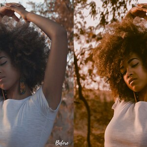 May include: A woman with an afro hairstyle wearing a white t-shirt and earrings, standing in a field with trees in the background. The image is split into two sections, showing the image before and after editing.