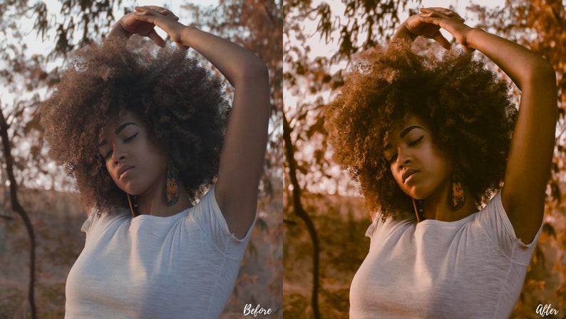 May include: A woman with an afro hairstyle wearing a white t-shirt and earrings, standing in a field with trees in the background. The image is split into two sections, showing the image before and after editing.
