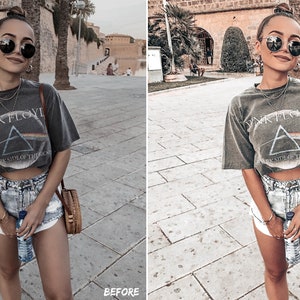 Peut inclure: Une femme portant un t-shirt gris avec le texte "Pink Floyd" et un graphique d'un prisme, un short en jean et des lunettes de soleil rondes. Elle tient une bouteille d'eau et un sac en osier brun.
