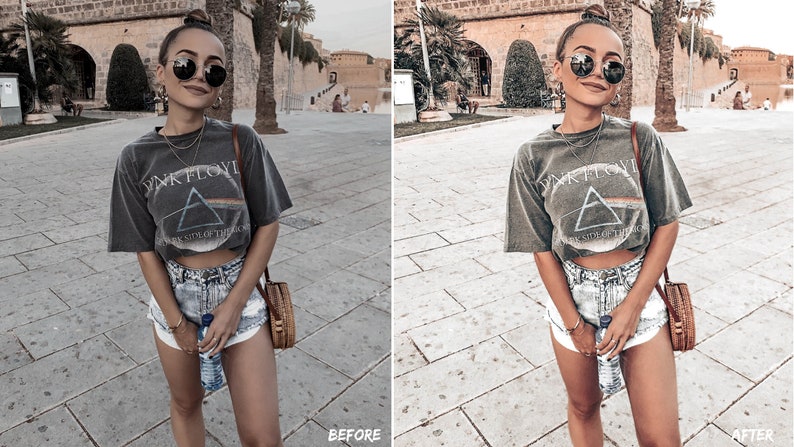 Peut inclure: Une femme portant un t-shirt gris avec le texte "Pink Floyd" et un graphique d'un prisme, un short en jean et des lunettes de soleil rondes. Elle tient une bouteille d'eau et un sac en osier brun.