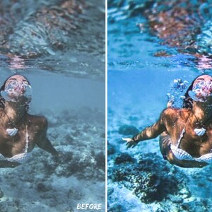 May include: A woman in a white bikini swims underwater, blowing bubbles. The water is a vibrant blue, and the coral reef below is visible.