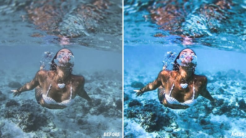 May include: A woman in a white bikini swims underwater, blowing bubbles. The water is a vibrant blue, and the coral reef below is visible.