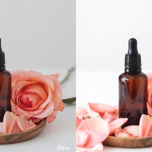 Elegant product photo of a small perfume bottle with a pink rose petal backdrop, enhanced using bright and clean Lightroom presets for stylish ecommerce photography.