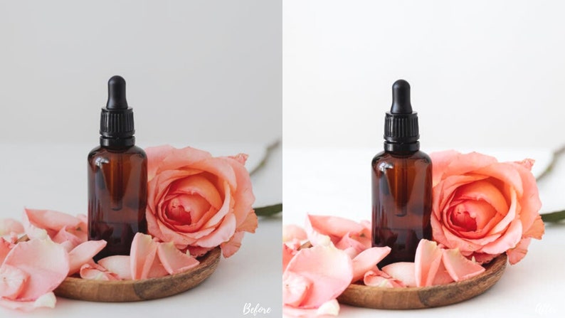 Elegant product photo of a small perfume bottle with a pink rose petal backdrop, enhanced using bright and clean Lightroom presets for stylish ecommerce photography.