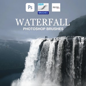 May include: A set of Photoshop brushes featuring a dramatic waterfall cascading over a cliff. The image shows two figures standing on the cliff edge, with a bird flying in the distance. The text "WATERFALL PHOTOSHOP BRUSHES" is displayed above the image.