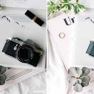 Stylish product photo of a brochure with a black and white vintage camera placed on top, edited with clean and bright Lightroom presets for creative ecommerce imagery.