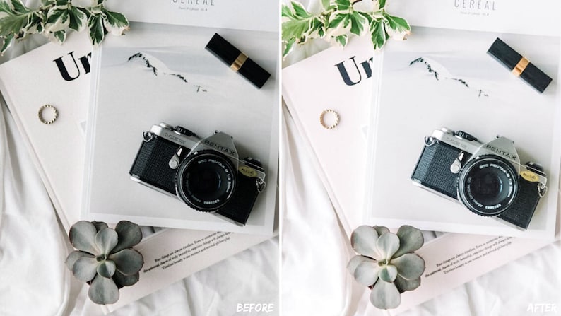 Stylish product photo of a brochure with a black and white vintage camera placed on top, edited with clean and bright Lightroom presets for creative ecommerce imagery.