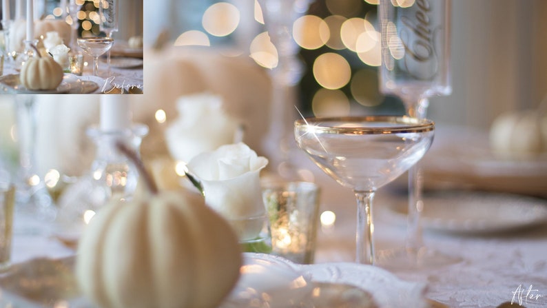 May include: A white table setting with a champagne flute, white pumpkins, and white roses. The table is decorated with a white tablecloth and gold accents.