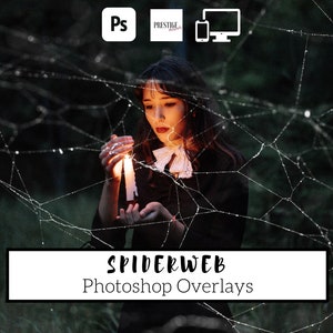 May include: A woman wearing a black dress holds a lit candle in front of a spiderweb overlay. The text "Spiderweb Photoshop Overlays" is at the bottom of the image.