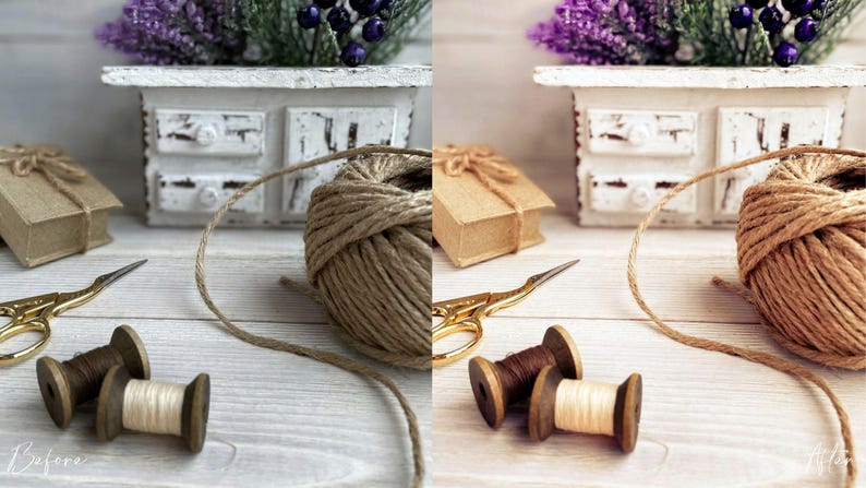 Puede incluir: Un bodeg&oacute;n con tem&aacute;tica artesanal. Una madeja de hilo, una peque&ntilde;a caja de regalo, tijeras doradas y carretes de hilo de madera est&aacute;n dispuestos sobre una superficie de madera blanca. Un peque&ntilde;o armario blanco con flores y bayas moradas est&aacute; en el fondo.