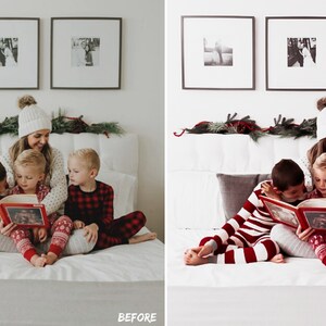 May include: A mother and three children in matching red and white striped pajamas and a red and black plaid pajama set are sitting on a white bed, reading a book together. The family is wearing white winter hats and there is a garland of greenery above the bed.