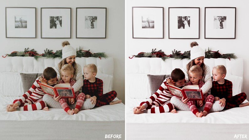 May include: A mother and three children in matching red and white striped pajamas and a red and black plaid pajama set are sitting on a white bed, reading a book together. The family is wearing white winter hats and there is a garland of greenery above the bed.