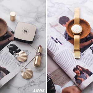 Elegant product photo of a gold watch displayed on a marble table, enhanced with clean and bright Lightroom presets for luxury ecommerce photography.