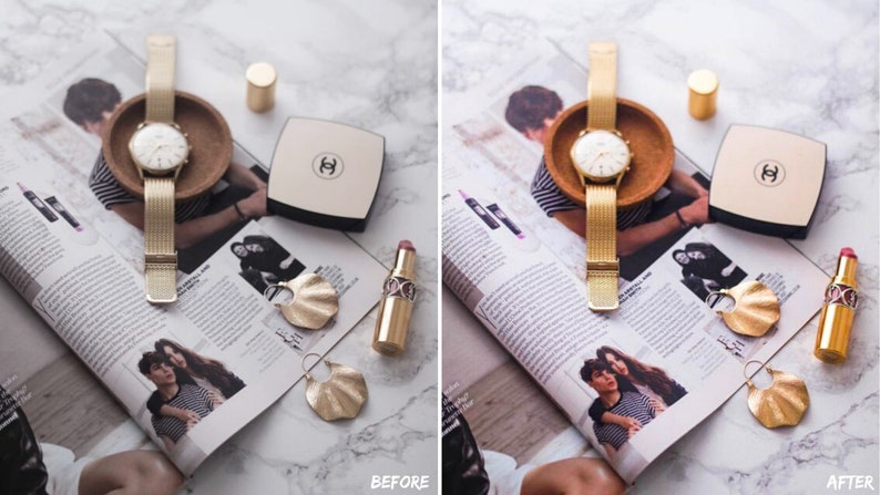Elegant product photo of a gold watch displayed on a marble table, enhanced with clean and bright Lightroom presets for luxury ecommerce photography.
