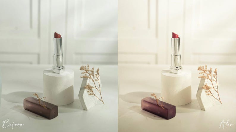 Puede incluir: Un labial rojo en un tubo plateado se exhibe sobre un pedestal blanco, junto a una forma geom&eacute;trica blanca y un objeto rectangular morado oscuro. Ramitas de plantas secas a&ntilde;aden detalle. La iluminaci&oacute;n es suave y difusa.