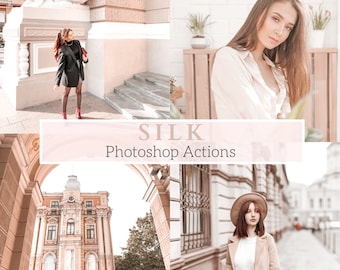 May include: A collage of four images featuring a woman in different outfits and locations. The images are edited with a soft, warm filter. The text "SILK Photoshop Actions" is displayed in a white banner across the middle of the collage.