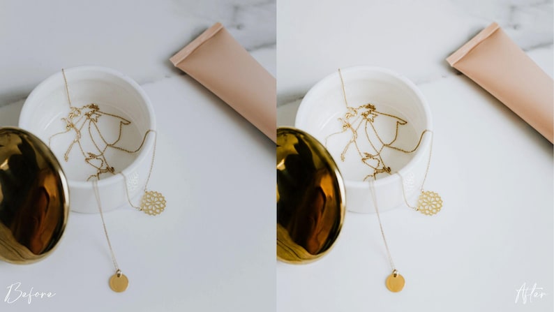 Puede incluir: Una composici&oacute;n de naturaleza muerta con un huevo decorativo dorado, un cuenco de cer&aacute;mica blanco con collares dorados y un tubo de crema. Los collares tienen dise&ntilde;os delicados, incluyendo un colgante y un patr&oacute;n floral. El fondo es una superficie blanca.