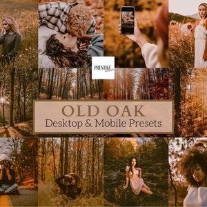 May include: A collage of images featuring a variety of autumnal scenes, including a couple embracing in a field of yellow flowers, a person taking a selfie in a forest, a woman in a white dress standing in a field, and a woman with curly hair posing in a forest. The text "OLD OAK Desktop & Mobile Presets" is displayed in the center of the collage.