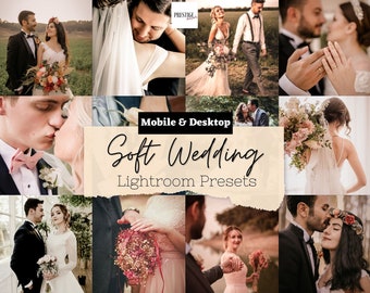 May include: A collage of photos featuring couples on their wedding day. The photos are in a soft, romantic style and are perfect for use in wedding photography or design. The text "Mobile & Desktop Soft Wedding Lightroom Presets" is displayed on the collage.