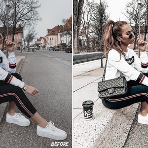 Peut inclure: Une femme portant un sweat-shirt blanc avec des rayures rouges et noires sur les manches, un pantalon noir avec des rayures rouges, des baskets blanches et un sac &agrave; main matelass&eacute; noir. Elle est assise sur un trottoir devant un immeuble avec une tasse de caf&eacute; &agrave; la main.
