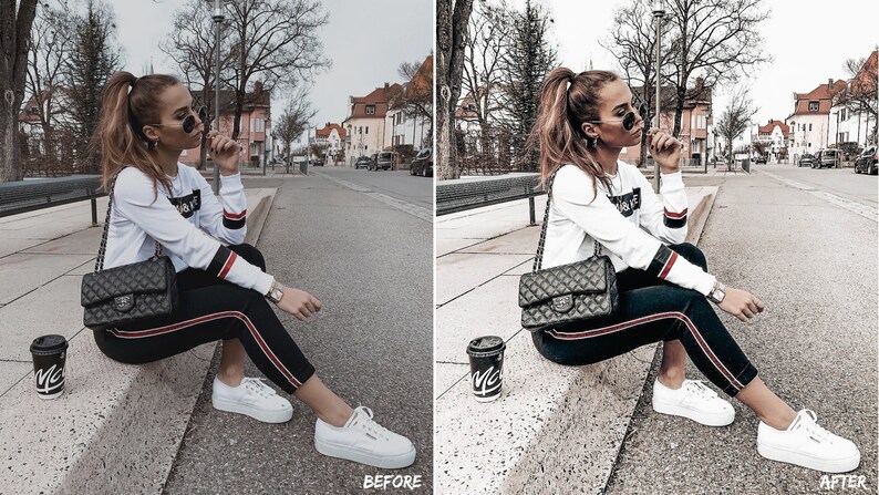 Peut inclure: Une femme portant un sweat-shirt blanc avec des rayures rouges et noires sur les manches, un pantalon noir avec des rayures rouges, des baskets blanches et un sac &agrave; main matelass&eacute; noir. Elle est assise sur un trottoir devant un immeuble avec une tasse de caf&eacute; &agrave; la main.