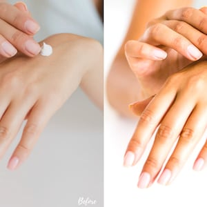 Bright and airy lifestyle photo of hands rubbing hand cream into the wrist, enhanced with clean Lightroom presets for fresh and natural product presentation.