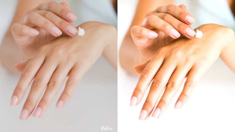 Bright and airy lifestyle photo of hands rubbing hand cream into the wrist, enhanced with clean Lightroom presets for fresh and natural product presentation.