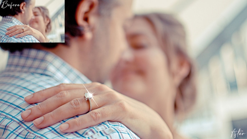 May include: A close-up of a hand wearing a silver ring with a large, sparkling diamond. The ring is on the finger of a person wearing a blue and white plaid shirt. The person's face is out of focus in the background.