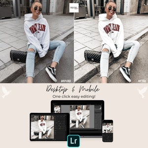 Peut inclure: Image avant et apr&egrave;s montrant la diff&eacute;rence de retouche photo. L'image de gauche montre une personne portant un sweat-shirt blanc avec les mots "Tommy Jean" en lettres rouges, un jean bleu et des lunettes de soleil. L'image de droite montre la m&ecirc;me personne avec la m&ecirc;me tenue, mais l'image a &eacute;t&eacute; retouch&eacute;e pour avoir un aspect plus vintage. Le texte "Desktop & Mobile" est &eacute;crit en cursive sur un fond brun clair. Le texte "One click easy editing!" est &eacute;crit en noir sous le texte en cursive. Le texte "Lr" est &eacute;crit en blanc sur un fond turquoise.