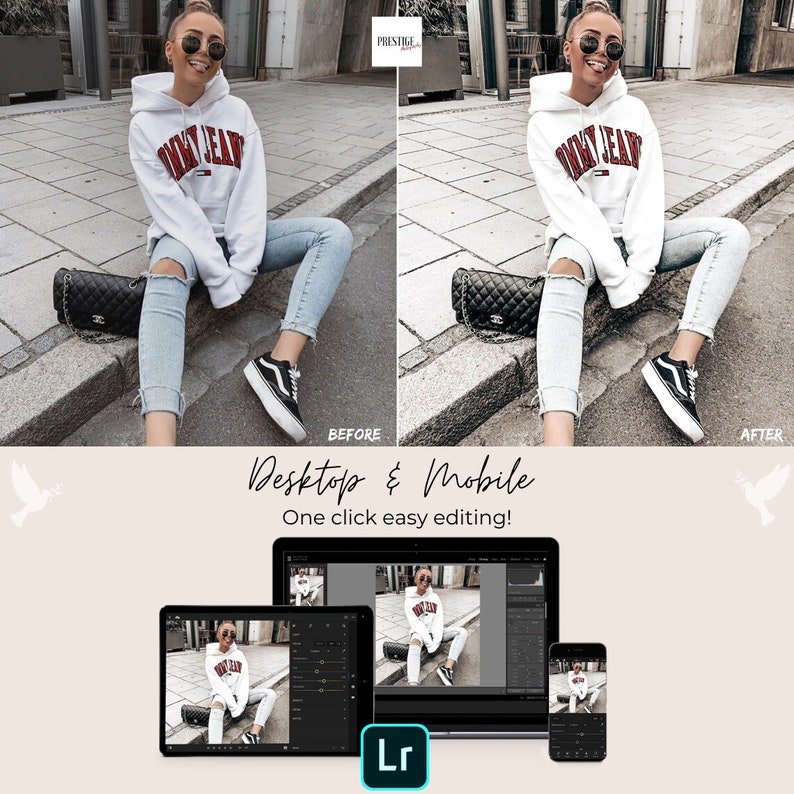 Peut inclure: Image avant et apr&egrave;s montrant la diff&eacute;rence de retouche photo. L'image de gauche montre une personne portant un sweat-shirt blanc avec les mots "Tommy Jean" en lettres rouges, un jean bleu et des lunettes de soleil. L'image de droite montre la m&ecirc;me personne avec la m&ecirc;me tenue, mais l'image a &eacute;t&eacute; retouch&eacute;e pour avoir un aspect plus vintage. Le texte "Desktop & Mobile" est &eacute;crit en cursive sur un fond brun clair. Le texte "One click easy editing!" est &eacute;crit en noir sous le texte en cursive. Le texte "Lr" est &eacute;crit en blanc sur un fond turquoise.