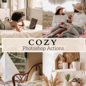 May include: A collage of four images showcasing cosy home decor and lifestyle. The top left image shows a woman working on a laptop in bed with a dog. The top right image shows a couple sitting on a red and white checked blanket in a park. The bottom left image shows a white teepee tent in a backyard with fairy lights. The bottom right image shows a shelf with home decor items, including a plant, a mirror, and a wooden house.