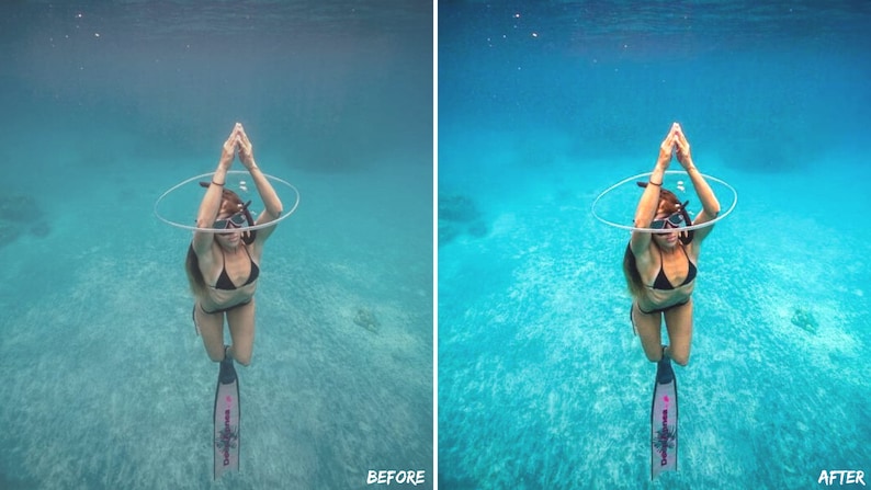 May include: A woman wearing a black bikini and a diving mask is underwater with her arms raised above her head. She is holding a clear plastic ring above her head. She is wearing a pair of pink and black diving fins.