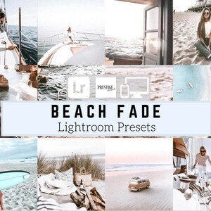 May include: A collage of images featuring a beach theme. The images show a boat, a beach, a surfboard, a van, and a person. The text "BEACH FADE Lightroom Presets" is displayed in the center of the collage.