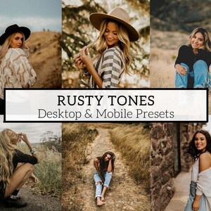 May include: A collection of digital photo presets for desktop and mobile devices. The presets are designed to create a warm, rustic, and vintage look in photos. The image shows several people in different settings, all with a similar color palette.