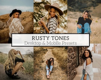 May include: A collection of digital photo presets for desktop and mobile devices. The presets are designed to create a warm, rustic, and vintage look in photos. The image shows several people in different settings, all with a similar color palette.