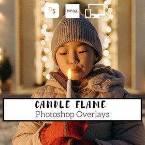 May include: A young person wearing a grey beanie and a beige jacket holds a lit candle in front of a blurred background of twinkling lights. The text "CANDLE FLAME Photoshop Overlays" is displayed on a white rectangle.