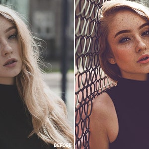 Pu&ograve; includere: Una donna con lunghi capelli biondi sta posando per una foto. Indossa una maglietta nera a collo alto e ha le lentiggini sul viso. &Egrave; in piedi davanti a una recinzione di catena.