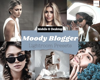 May include: A collection of Lightroom presets for bloggers, featuring a moody aesthetic. The presets are designed for both mobile and desktop use. The image shows several people using the presets in different settings.