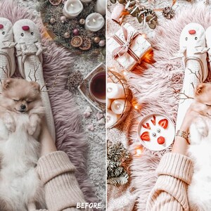 May include: A small white dog with brown eyes is sleeping on a person's lap. The person is wearing white reindeer slippers and a beige sweater. The background is a pink fuzzy rug with Christmas decorations.